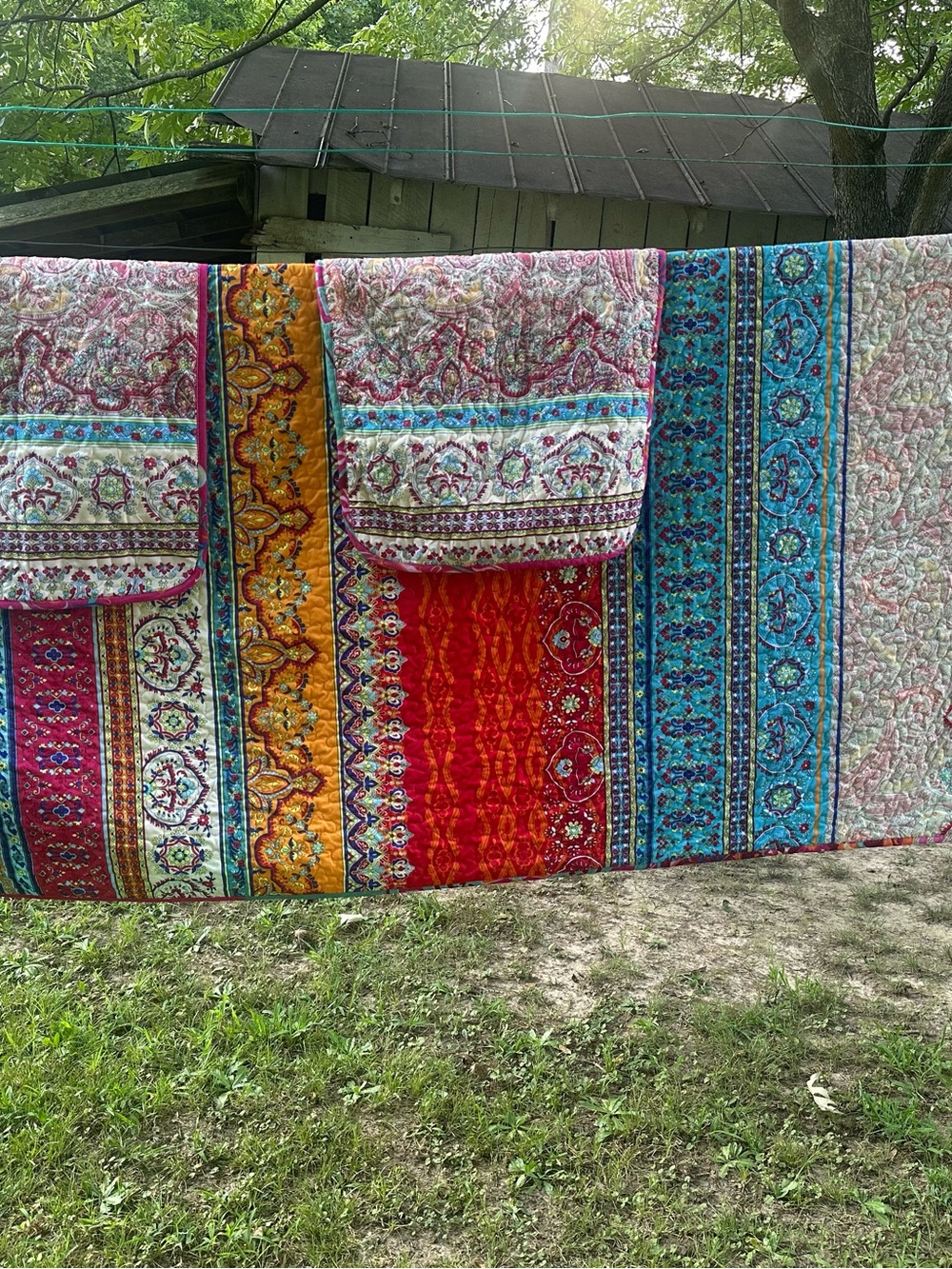 Boho Multicolor Quilted Bedspread - Red, Turquoise & Gold Pattern